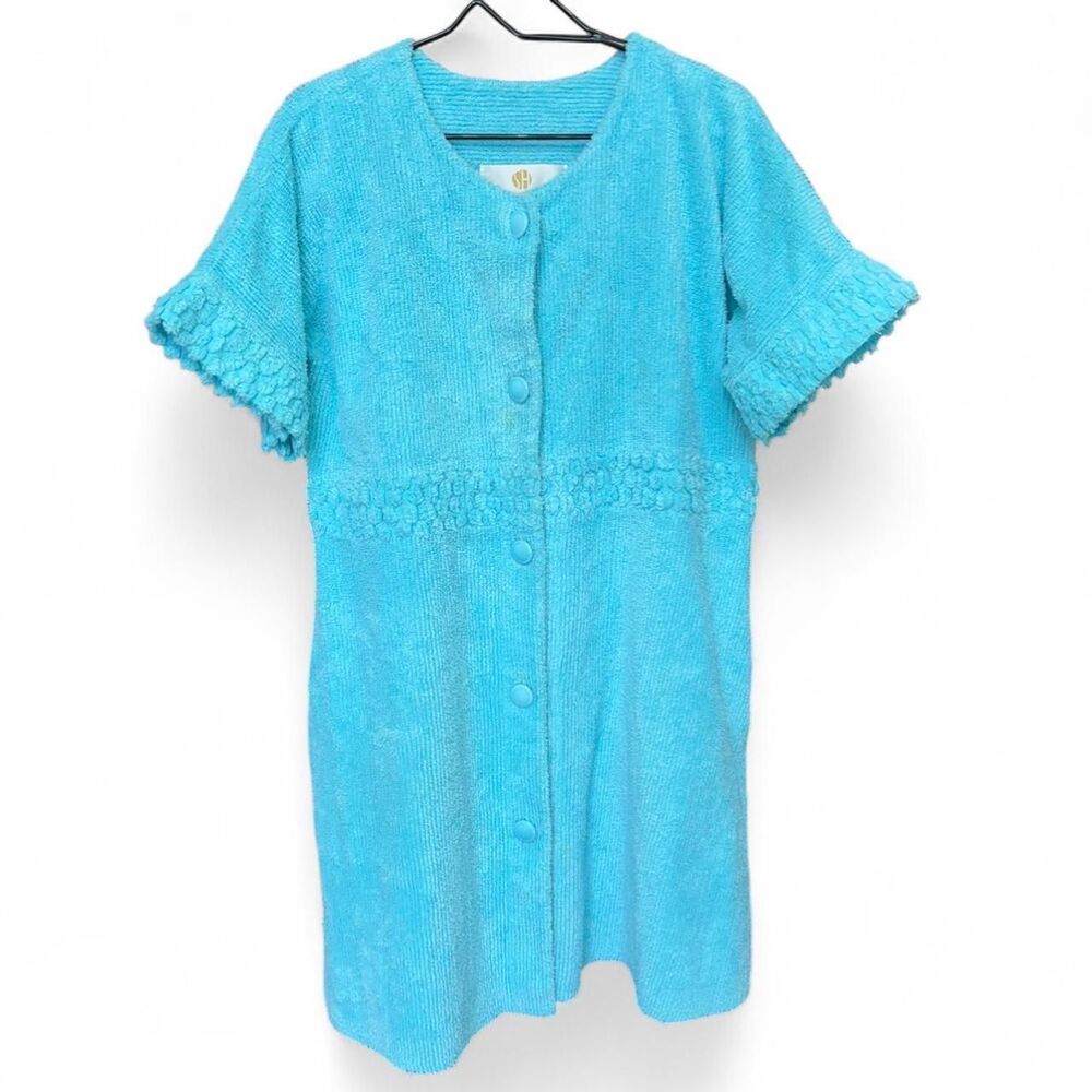 Vintage 80s/90s Stan Herman Aqua Blue Terry Cloth Robe Housecoat size L